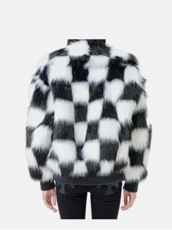 SMFK Plan C Checkered Faux Fur Bomber Jacket Black White Size 1 - Picture 2 of 13